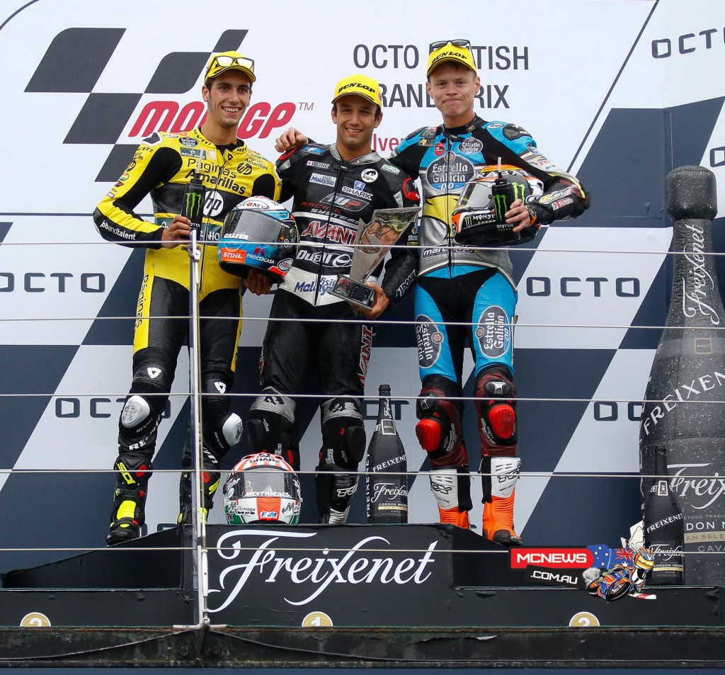 MotoGP 2015- Silverstone - Moto2 Podium - Johann Zarco extends his championship lead after a commanding race win in the wet, with Alex Rins and Tito Rabat completing the podium.