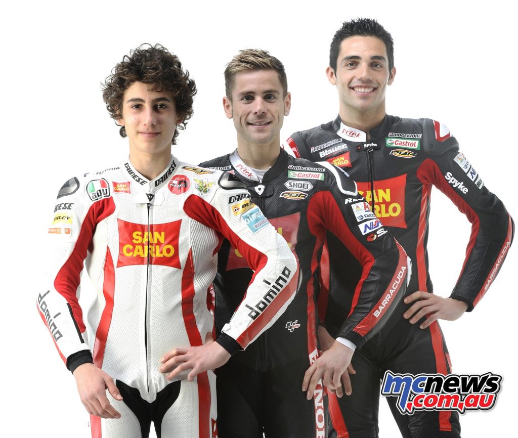 2012 - TRIPLE COMMITMENT In the newly formed Moto3 category, Fausto Gresini recognizes the ideal ground for a project aimed at the promotion of young Italian talents. The commitment in the smaller displacement, which is added to those in the Moto2 and MotoGP classes, starts with a Honda entrusted to the young Niccolò Antonelli.