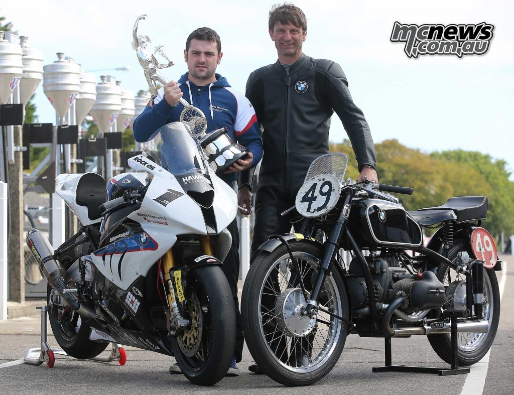 BMW Group Classic at Classic TT 2014, Wolfgang Meier with Kompressor BMW 255 (1939), Michael Dunlop with BMW S 1000 RR (2014)