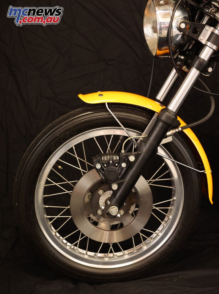 The front brake on this 1974 example is a Brembo disc