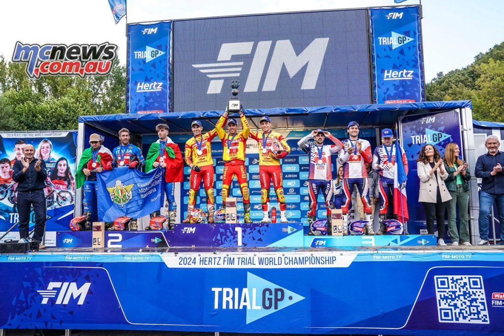 Toni Bou (Montesa), Gabriel Marcelli (Montesa) and Adam Raga (Sherco) won for Spain