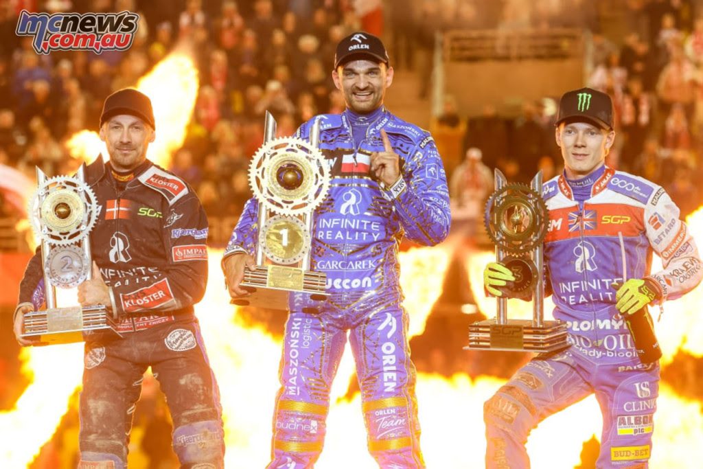 DeWalt FIM Speedway GP of Poland - Torun top three Bartosz Zmarzlik (centre), Leon Madsen (left) and Dan Bewley (right)