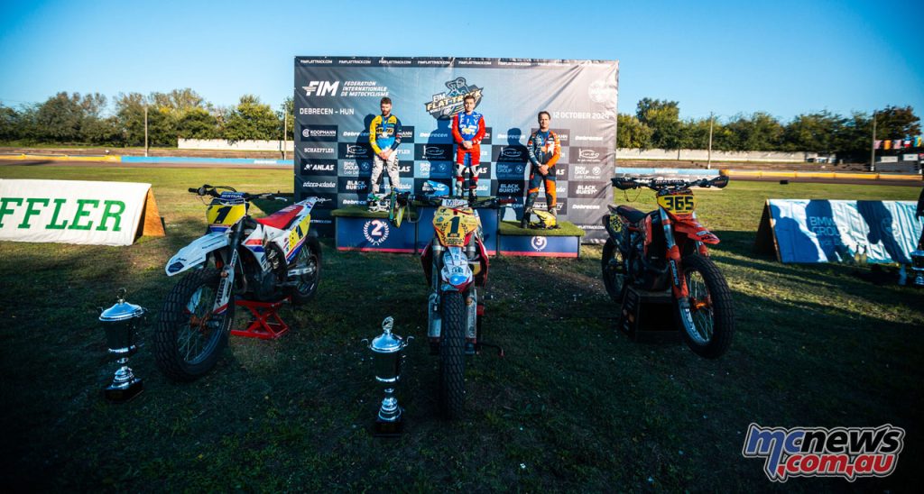 Podium at 2024 FIM Flat Track World Championship in Debrecen, Hungary - Image by Stepan Sevcik