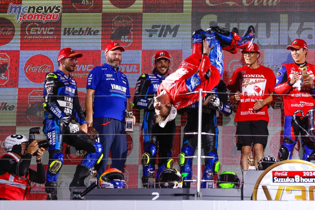 MotoGP star Johann Zarco celebrates winning the Suzuka 8 Hours